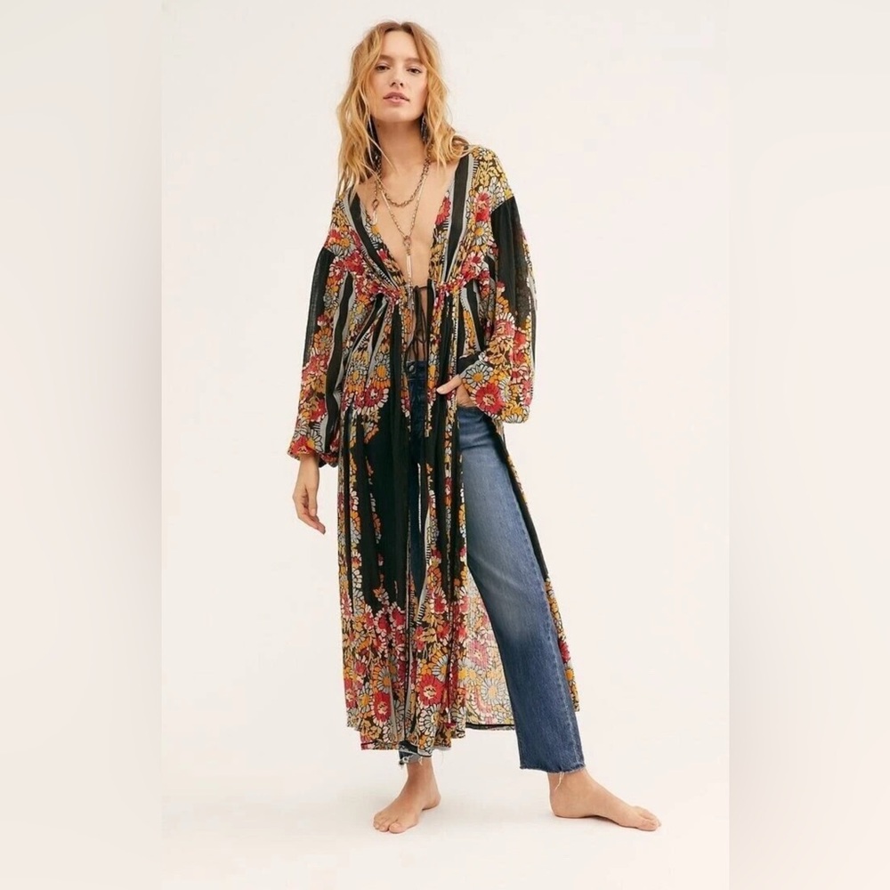 Free People Dream Girl Maxi Top Bohemian Long Tunic Floral Flowy Multicolor Sz L